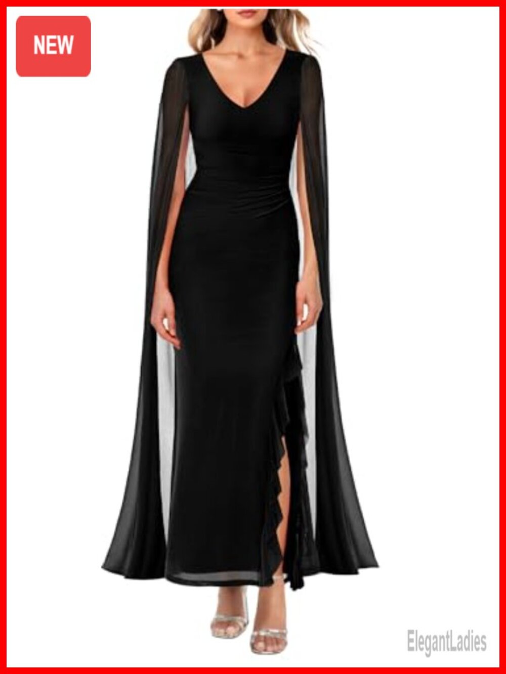 Lrady Evening Gown V Neck High Split Maxi Dress with Cape Sleeve